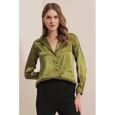 3964 Hafif Dökümlü Saten Gömlek - Y.Haki
