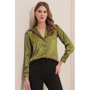 3964 Hafif Dökümlü Saten Gömlek - Y.Haki