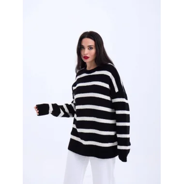 43111 TRİKO ÇİZGİLİ SALAŞ KAZAK-SİYAH-EKRU