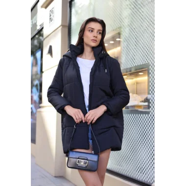 5163 Kapüşonlu Oversize Şişme Mont - Lacivert