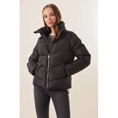 5205 Dik Yaka Fermuarlı Şişme Mont - Siyah