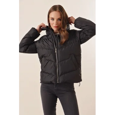 5205 Dik Yaka Fermuarlı Şişme Mont - Siyah