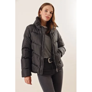 5205 Dik Yaka Fermuarlı Şişme Mont - Siyah