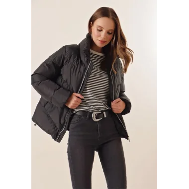 5205 Dik Yaka Fermuarlı Şişme Mont - Siyah