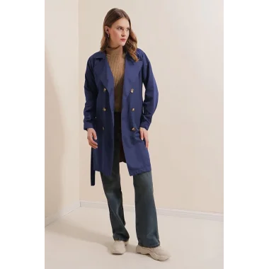 5864 Kruvaze Yaka Kısa Trençkot - Lacivert