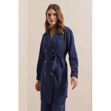 5864 Kruvaze Yaka Kısa Trençkot - Lacivert