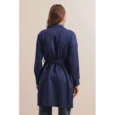 5864 Kruvaze Yaka Kısa Trençkot - Lacivert