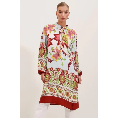 5903 Desenli Viskon Elbise - Bordo