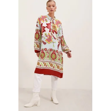 5903 Desenli Viskon Elbise - Bordo