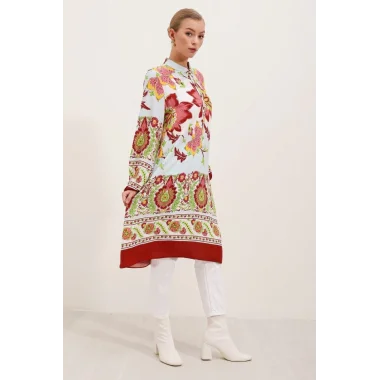 5903 Desenli Viskon Elbise - Bordo