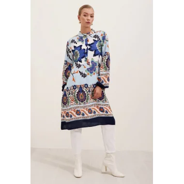 5903 Desenli Viskon Elbise - Lacivert