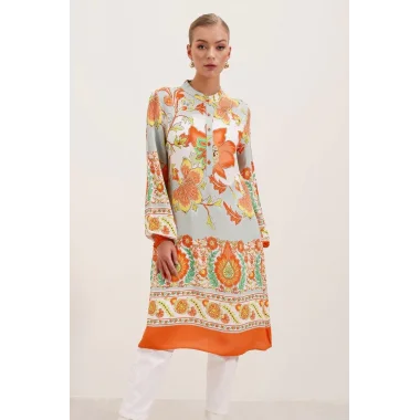 5903 Desenli Viskon Elbise - Turuncu