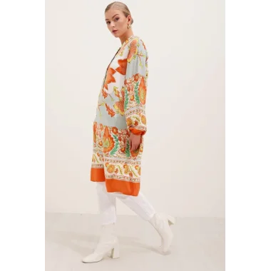 5903 Desenli Viskon Elbise - Turuncu