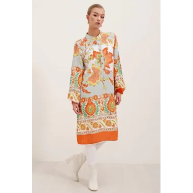 5903 Desenli Viskon Elbise - Turuncu