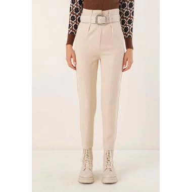 6556 Kemerli Kumaş Pantolon - Krem
