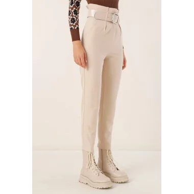 6556 Kemerli Kumaş Pantolon - Krem