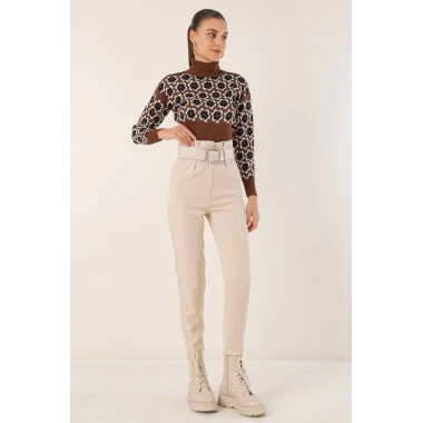 6556 Kemerli Kumaş Pantolon - Krem