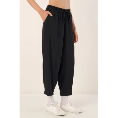 6591 Dokuma Şalvar Pantolon - Siyah