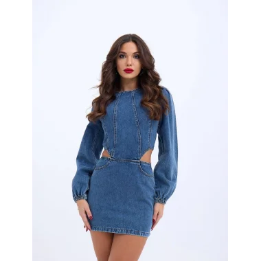 6834 WINDOWED DENIM DRESS-MAVİ