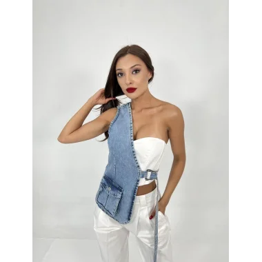 6838 ASYMMETRIC DENIM VEST-MAVİ
