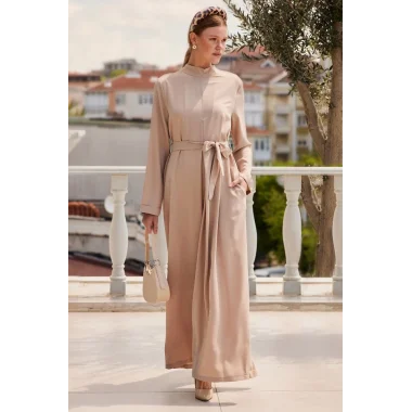 7028 Uzun Tulum Elbise - Bej