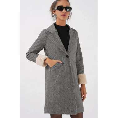 9085 Balık Sırtı Kaşe Kaban - C.Siyah