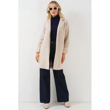 9145 Kolları Tüylü Balık Sırtı Kaşe Kaban - Krem