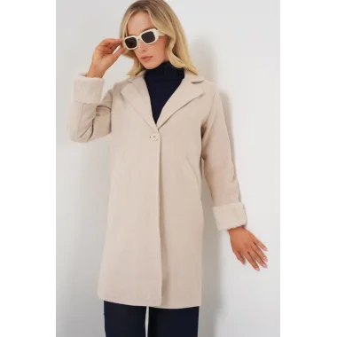 9145 Kolları Tüylü Balık Sırtı Kaşe Kaban - Krem