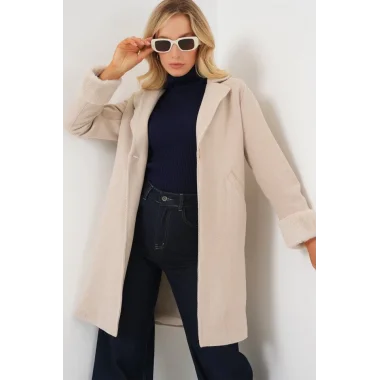 9145 Kolları Tüylü Balık Sırtı Kaşe Kaban - Krem