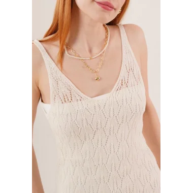 Ajurlu V Yaka Püskül Detaylı Krem Elbise