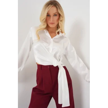 Bağlamalı Uzun Kol Saten Gömlek 20287 - Beyaz