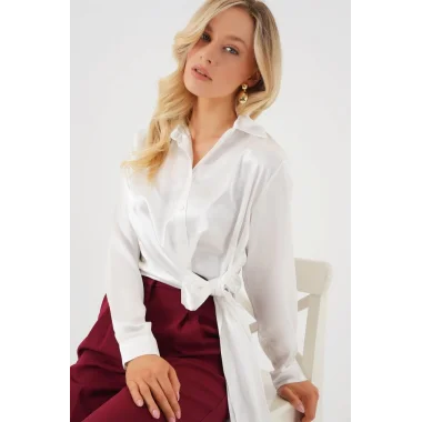 Bağlamalı Uzun Kol Saten Gömlek 20287 - Beyaz