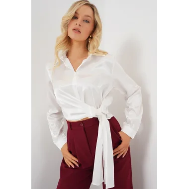 Bağlamalı Uzun Kol Saten Gömlek 20287 - Beyaz
