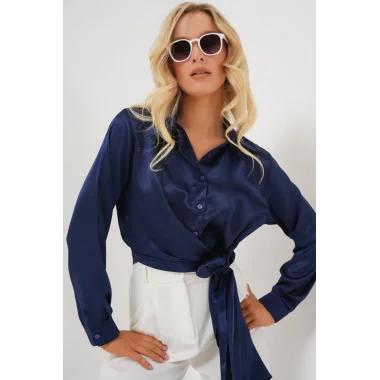 Bağlamalı Uzun Kol Saten Gömlek 20287 - Lacivert