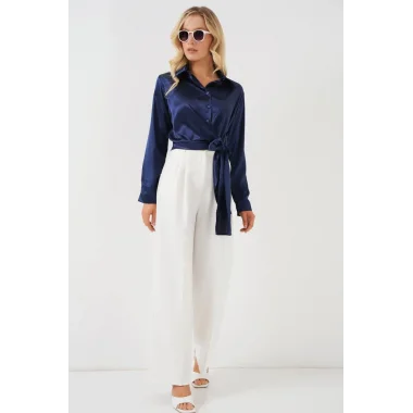 Bağlamalı Uzun Kol Saten Gömlek 20287 - Lacivert