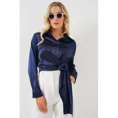 Bağlamalı Uzun Kol Saten Gömlek 20287 - Lacivert