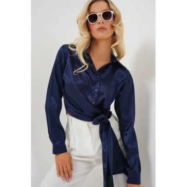Bağlamalı Uzun Kol Saten Gömlek 20287 - Lacivert