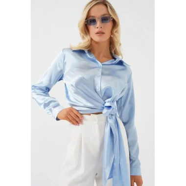 Bağlamalı Uzun Kol Saten Gömlek 20287 - Mavi