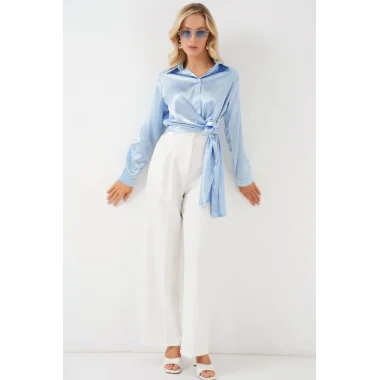 Bağlamalı Uzun Kol Saten Gömlek 20287 - Mavi