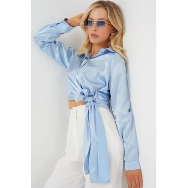 Bağlamalı Uzun Kol Saten Gömlek 20287 - Mavi