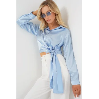Bağlamalı Uzun Kol Saten Gömlek 20287 - Mavi