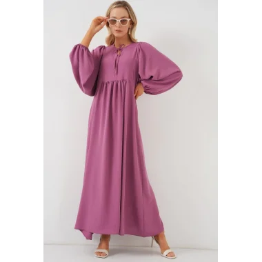 Balon Kol Uzun Tesettür Elbise 2464 - Gül Kurusu