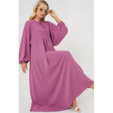 Balon Kol Uzun Tesettür Elbise 2464 - Gül Kurusu