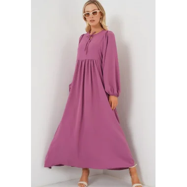 Balon Kol Uzun Tesettür Elbise 2464 - Gül Kurusu