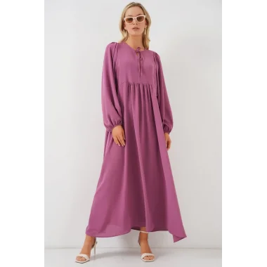 Balon Kol Uzun Tesettür Elbise 2464 - Gül Kurusu