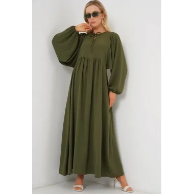 Balon Kol Uzun Tesettür Elbise 2464 - Haki