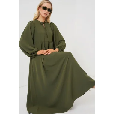 Balon Kol Uzun Tesettür Elbise 2464 - Haki