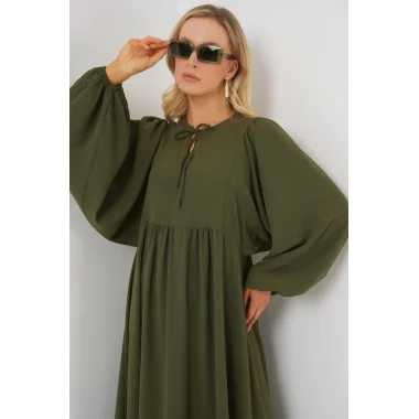 Balon Kol Uzun Tesettür Elbise 2464 - Haki