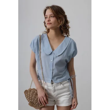 Bebe Yaka Yanları Bağlamalı Bluz - Bebe Mavisi