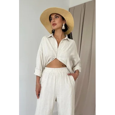 Bej Jakar Petek Gömlek Ve Pantolon Takım